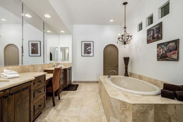 Bathroom, Chandelier, Dual Sink Vanities, Interior, Recessed Lighting