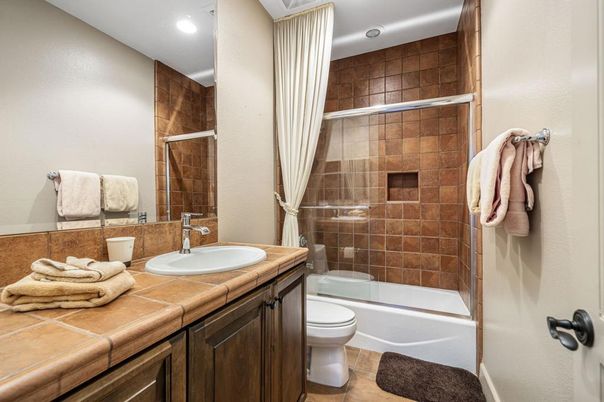 Bathroom, Glass Shower, Interior, Recessed Lighting, Tile Countertops