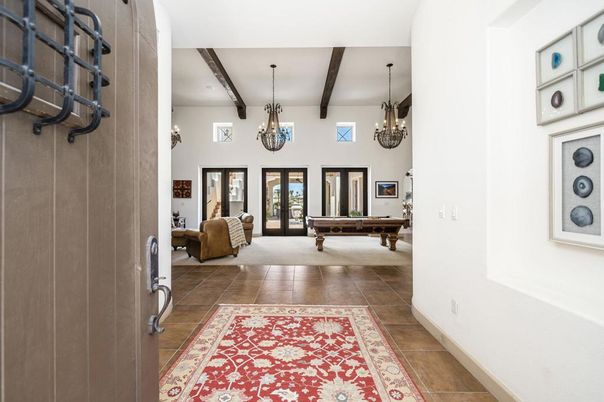 Billiard Table, Chandelier, Game Room, Interior, Pendant Lights, Recessed Lighting, Wooden Beams