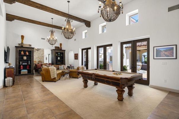 Billiard Table, Chandelier, Game Room, Interior, Living room, Wooden Beams