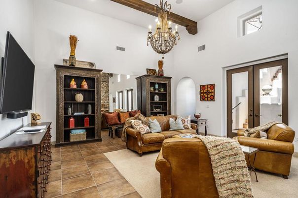 Chandelier, Interior, Living room, Recessed Lighting, Wooden Beams