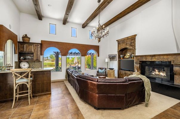 Chandelier, Fireplace, Interior, Living room, Recessed Lighting, Wooden Beams