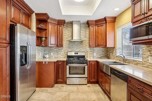Interior, Kitchen, Recessed Lighting, Stainless Steel Appliances, Stone Walls