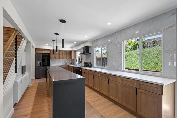 Interior, Kitchen, Marble Walls, Pendant Lights, Recessed Lighting, Wood Texture Flooring