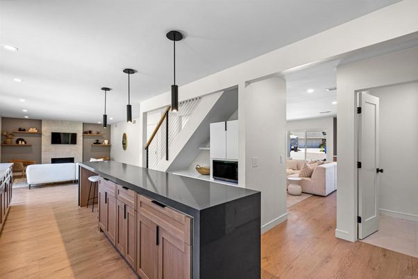 Fireplace, Interior, Kitchen, Living room, Pendant Lights, Recessed Lighting, Wood Texture Flooring