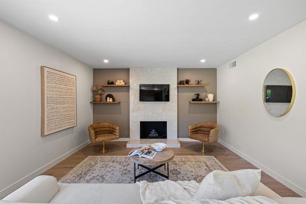 Fireplace, Interior, Living room, Recessed Lighting, Wood Texture Flooring