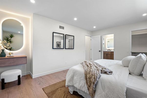 Bedroom, Interior, Recessed Lighting, Wood Texture Flooring