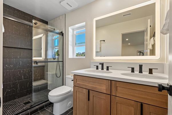 Bathroom, Dual Sink Vanities, Glass Shower, Interior, Recessed Lighting