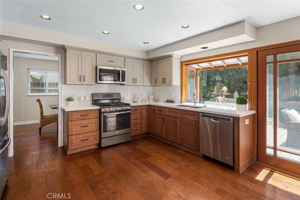 Interior, Kitchen, Recessed Lighting, Stainless Steel Appliances, Wood Texture Flooring