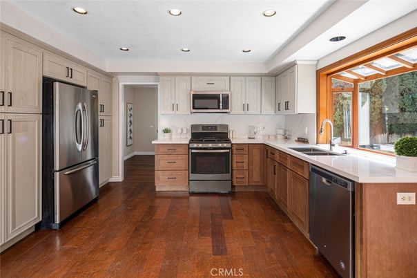 Interior, Kitchen, Recessed Lighting, Stainless Steel Appliances, Wood Texture Flooring