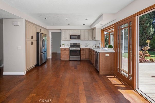 Interior, Kitchen, Recessed Lighting, Stainless Steel Appliances, Wood Texture Flooring