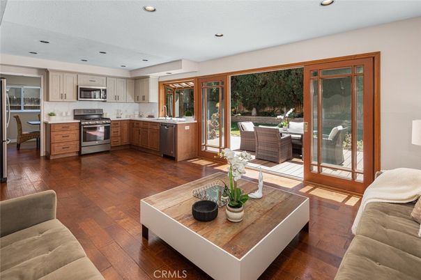 Interior, Kitchen, Living room, Recessed Lighting, Stainless Steel Appliances, Wood Texture Flooring