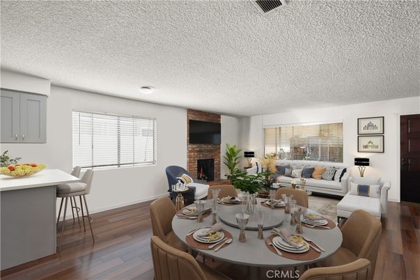 Dining room, Fireplace, Interior, Living room, Wood Texture Flooring