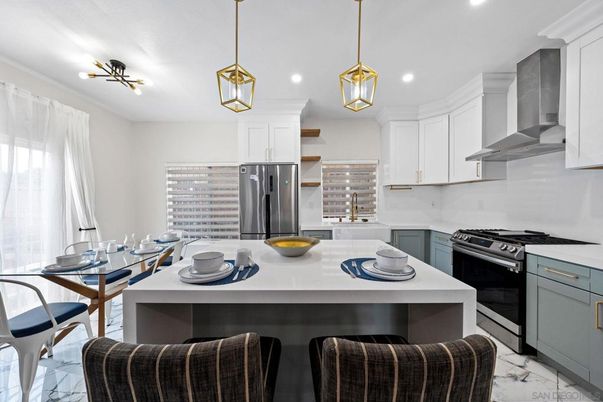 Interior, Kitchen, Marble, Pendant Lights, Recessed Lighting, Stainless Steel Appliances