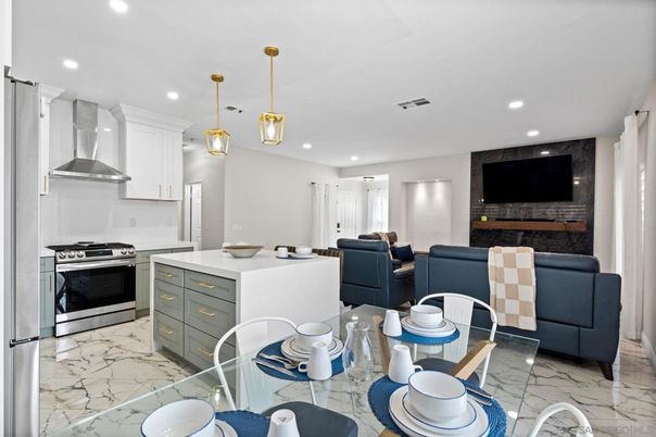 Dining room, Interior, Kitchen, Living room, Marble, Pendant Lights, Recessed Lighting, Stainless Steel Appliances