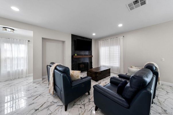 Fireplace, Interior, Living room, Marble, Recessed Lighting