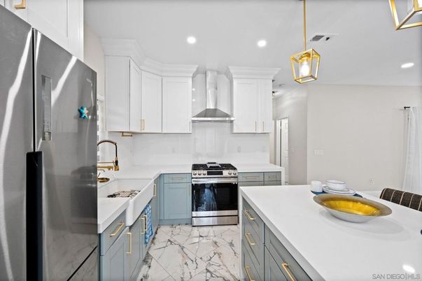 Interior, Kitchen, Marble, Pendant Lights, Recessed Lighting, Stainless Steel Appliances