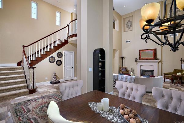 Chandelier, Dining room, Fireplace, Interior, Recessed Lighting