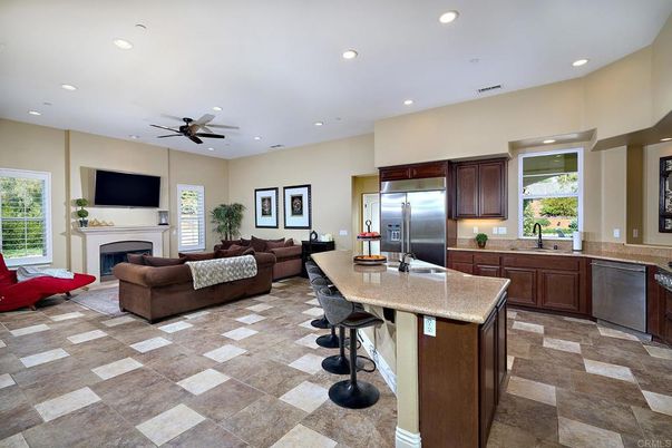 Fireplace, Interior, Kitchen, Living room, Recessed Lighting, Stainless Steel Appliances