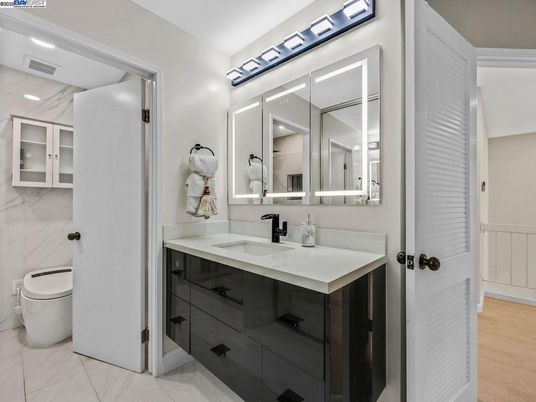 Bathroom, Interior, Marble, Marble Walls, Recessed Lighting, Wood Texture Flooring