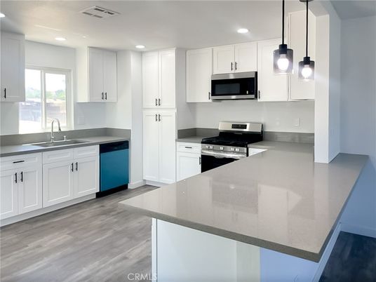 Interior, Kitchen, Pendant Lights, Recessed Lighting, Stainless Steel Appliances, Wood Texture Flooring