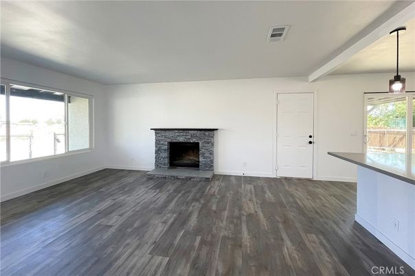 Empty room, Fireplace, Interior, Pendant Lights, Wood Texture Flooring