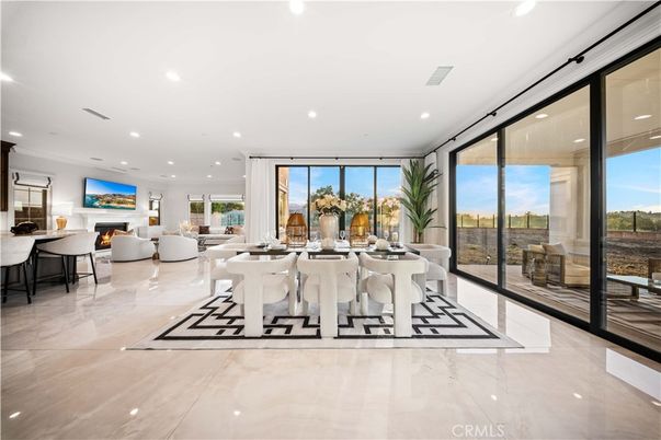 Dining room, Fireplace, Interior, Living room, Marble, Recessed Lighting