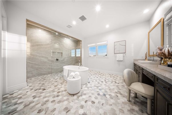 Bathroom, Free Standing Baths, Glass Shower, Interior, Marble Walls, Recessed Lighting