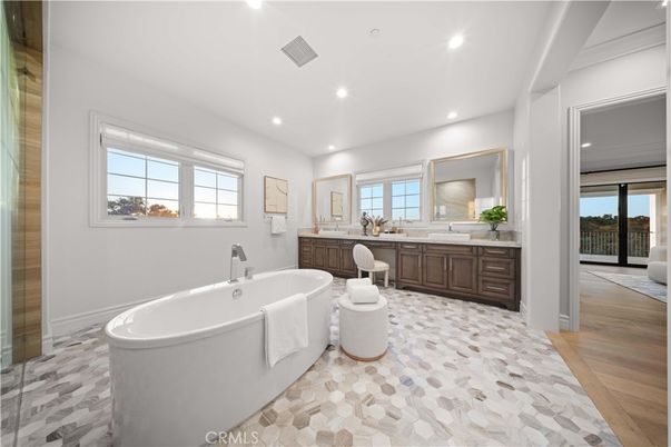 Bathroom, Free Standing Baths, Interior, Recessed Lighting, Wood Texture Flooring