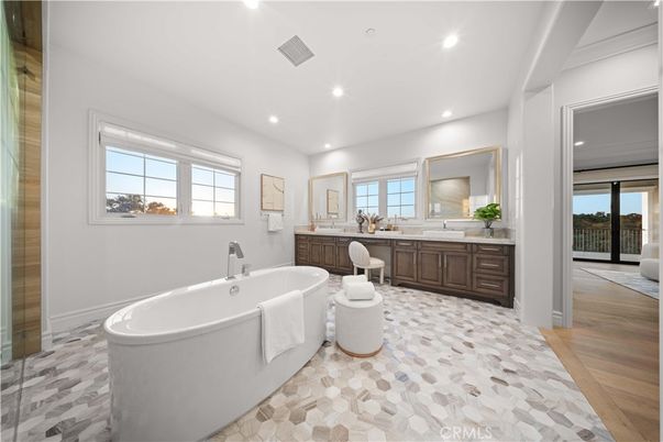 Bathroom, Free Standing Baths, Interior, Recessed Lighting, Wood Texture Flooring
