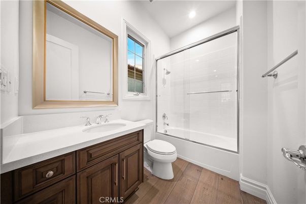 Bathroom, Glass Shower, Interior, Recessed Lighting, Wood Texture Flooring