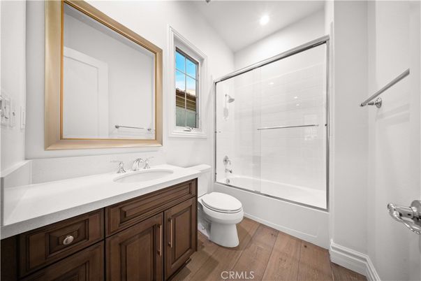 Bathroom, Glass Shower, Interior, Recessed Lighting, Wood Texture Flooring