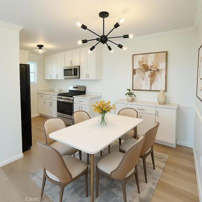 Dining room, Interior, Kitchen, Pendant Lights, Stainless Steel Appliances, Wood Texture Flooring