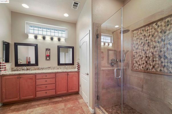 Bathroom, Dual Sink Vanities, Glass Shower, Interior, Recessed Lighting
