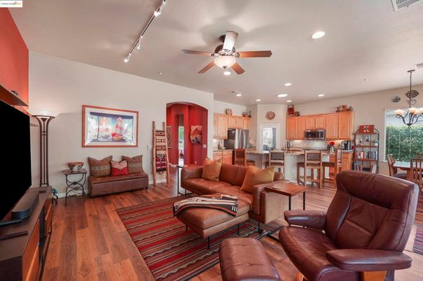 Dining room, Interior, Kitchen, Living room, Pendant Lights, Recessed Lighting, Stainless Steel Appliances, Wood Texture Flooring