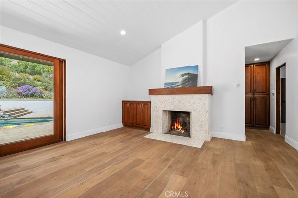 Empty room, Fireplace, Interior, Recessed Lighting, Wood Texture Flooring