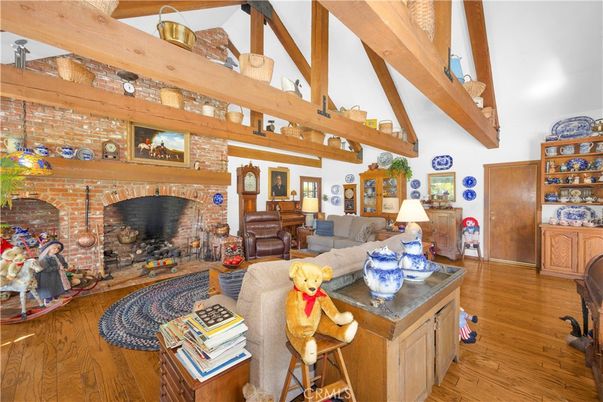 Fireplace, Interior, Living room, Piano, Stone Walls, Wooden Beams, Wood Texture Flooring