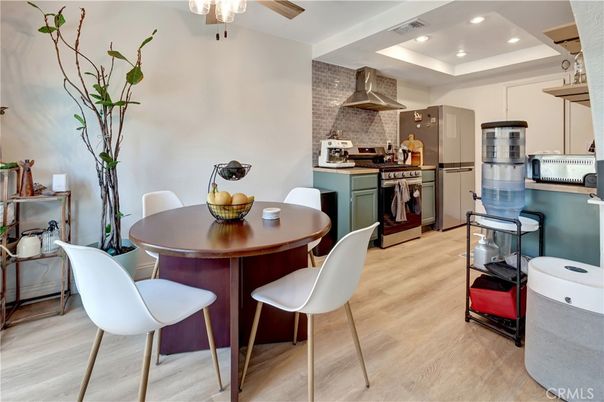 Dining room, Interior, Kitchen, Recessed Lighting, Stainless Steel Appliances, Wood Texture Flooring