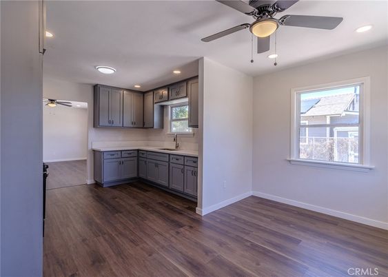 Empty room, Interior, Kitchen, Recessed Lighting, Wood Texture Flooring