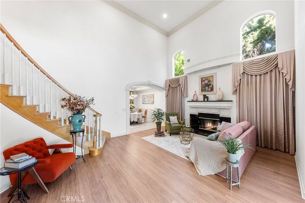 Dining room, Fireplace, Interior, Living room, Recessed Lighting, Wood Texture Flooring
