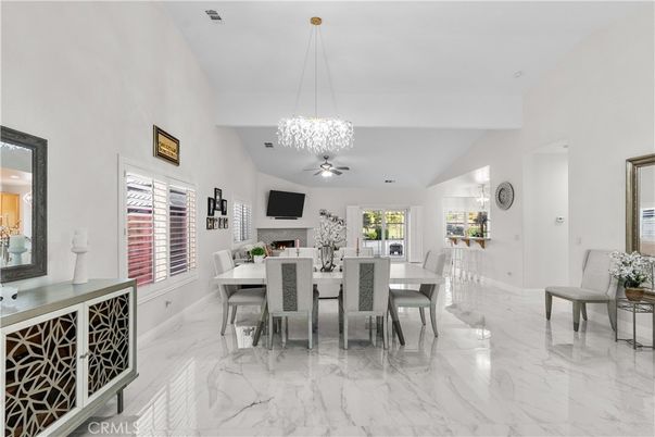 Dining room, Fireplace, Interior, Living room, Marble, Pendant Lights