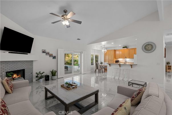 Dining room, Fireplace, Interior, Kitchen, Living room, Marble, Pendant Lights, Recessed Lighting