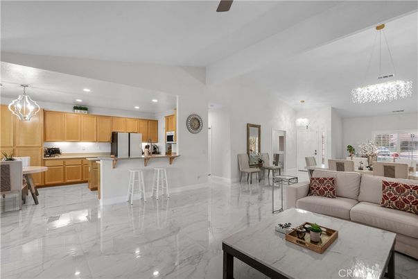 Dining room, Interior, Kitchen, Living room, Marble, Pendant Lights, Recessed Lighting, Stainless Steel Appliances