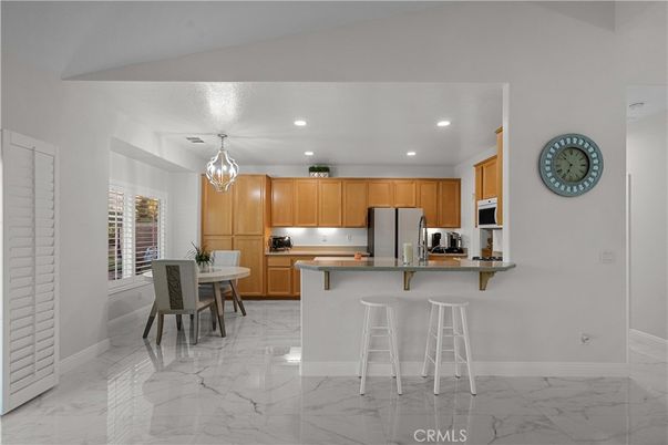 Dining room, Interior, Kitchen, Marble, Pendant Lights, Recessed Lighting, Stainless Steel Appliances