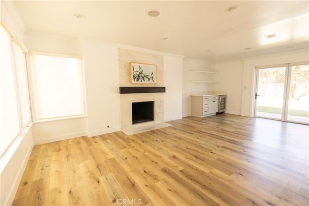 Empty room, Fireplace, Interior, Recessed Lighting, Wood Texture Flooring