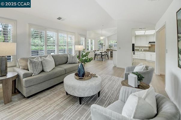 Dining room, Interior, Kitchen, Living room, Pendant Lights, Stainless Steel Appliances, Wood Texture Flooring