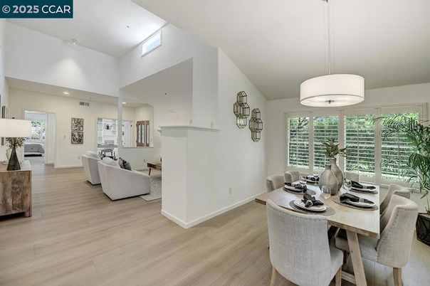 Dining room, Interior, Living room, Pendant Lights, Recessed Lighting, Wood Texture Flooring