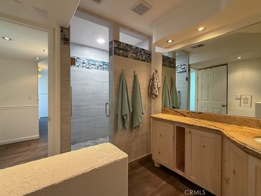 Bathroom, Interior, Recessed Lighting, Walk-in Closets, Wood Texture Flooring