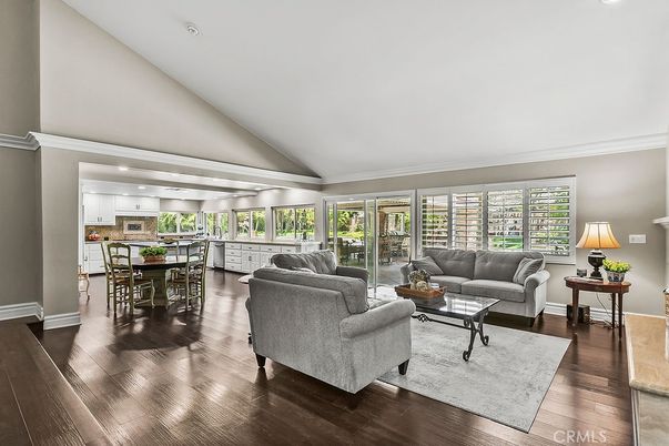 Dining room, Interior, Kitchen, Living room, Recessed Lighting, Stainless Steel Appliances, Wood Texture Flooring