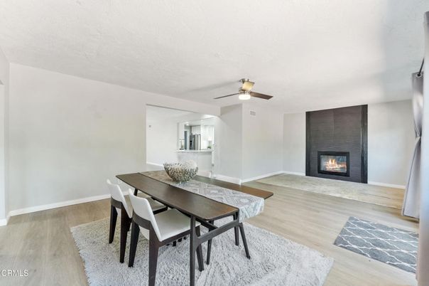 Dining room, Fireplace, Interior, Wood Texture Flooring